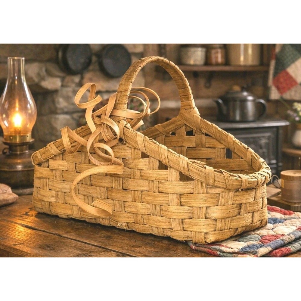 Handcrafted Woven Splint Basket w/ Handle & Curl Detail Rustic Farmhouse Decor